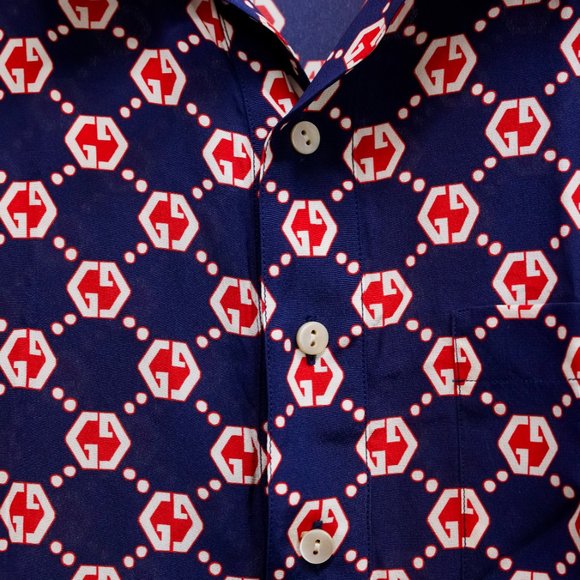 Gucci Navy and Red Monogram Silk Shirt - Picture 8 of 16